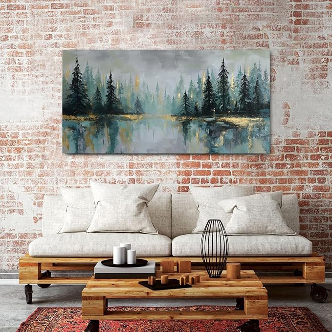 Green Forest Wall Art Vintage Fog Pine Trees Landscape Wall Decor Nature Green and Gold Forest Lake Scenery Canvas Prints Pictures Farmhouse Artwork Kitchen Living Room Home Decorations 29.53x57.87"