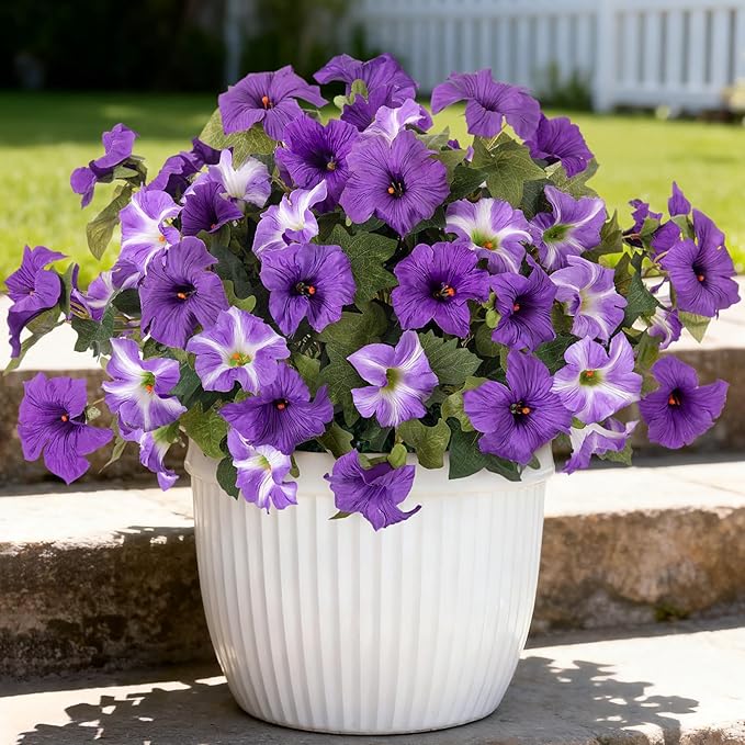 6 Pcs Artificial Flowers Fake Petunias for Outdoors, Faux Flowers for Outdoor Planter, UV Resistant Realistic Fake Plants for Outside No Fade for Garden Porch Patio Indoor Room Decor(Purple)