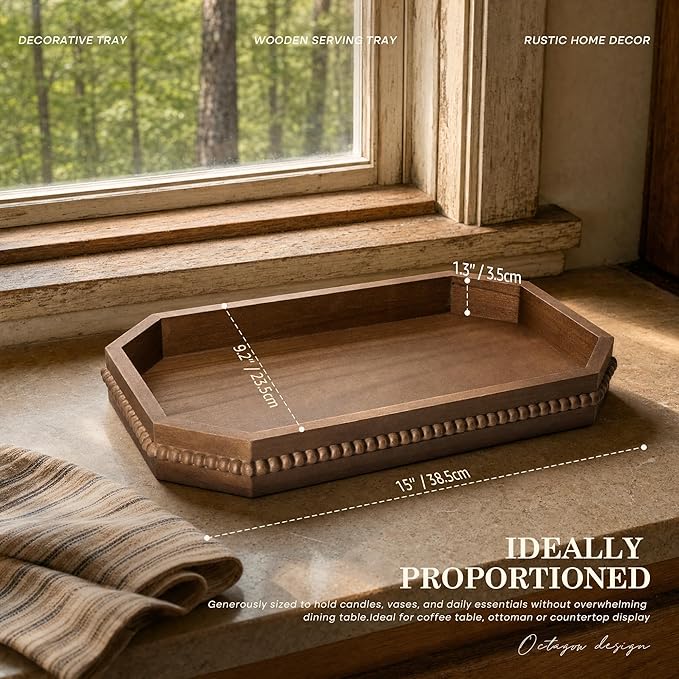 Decorative Tray with Beaded Edge for Coffee Table Decor - Rustic Serving Tray for Entryway, Kitchen Counter & Living Room - Farmhouse Centerpieces for Dining Table (Brown)