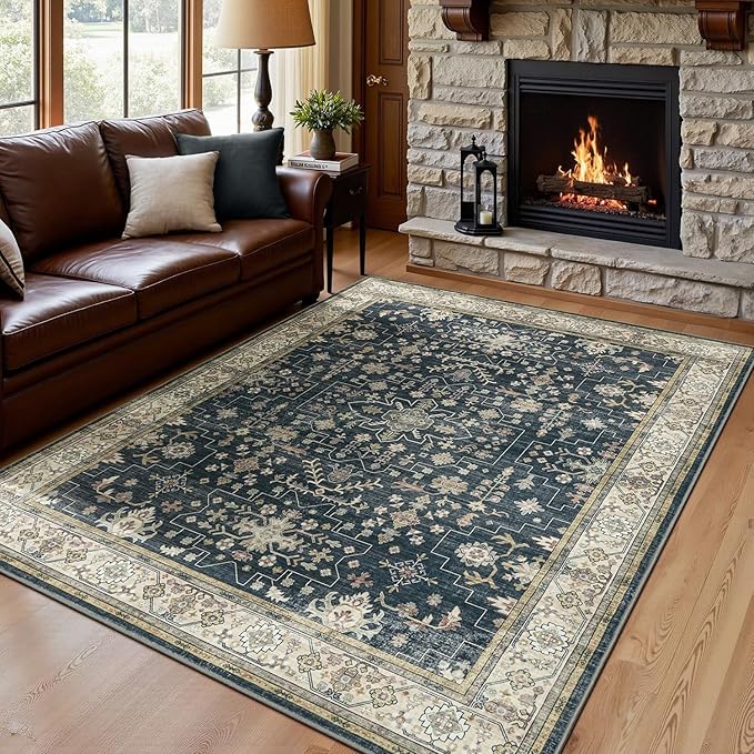 Lessymo 5x7 Area Rugs for Living Room, Washable Rug for Bedroom Dinning Room Farmhouse Home Office, Boho Soft Non-Slip Carpet Pets Friendly, Stain Resistance Vintage Floral Moody Decor, Black Brown