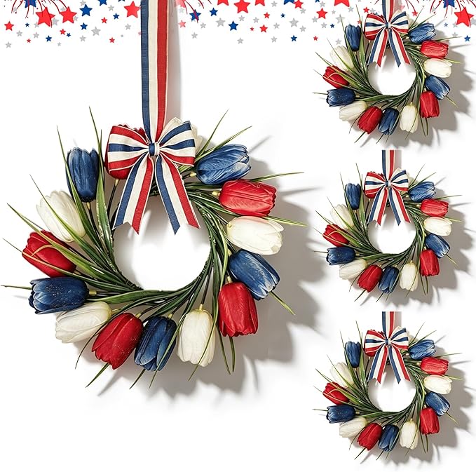 4 PCS 4th of July Hanging Wreaths for Cabinet Small Patriotic Tulip Silk Independence Day Wreaths for Front Door with Red White and Blue Flower Memorial Day Labor Day Candle Wreath for Home Wall Decor