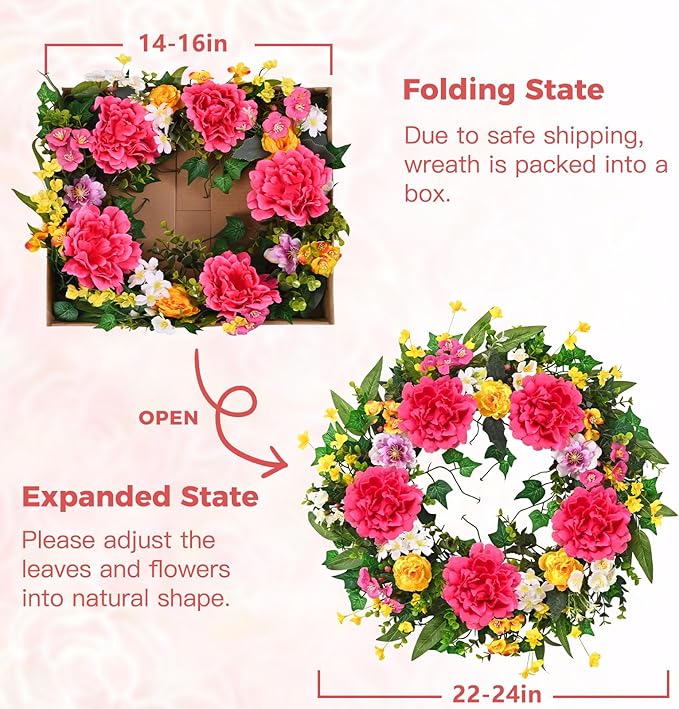Yastouay Spring Summer Wreaths for Front Door, 24 Inch Large Spring Summer Door Wreath with Vibrant Peonies Hibiscus Flowers, Spring Wreath for Front Door Farmhouse Porch Wall Window Indoor Outdoor