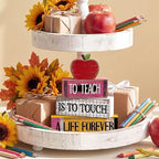 Moucuny 4 Pcs Teacher Appreciation Gift Retro Red Wooden Apples Decor Wooden Stacked Block Set, "to Teach is to Touch a Life Forever" Signs with Apple Topper, Rustic Classroom Decor for Home Desk