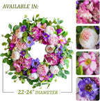 Spring Wreaths for Front Door Outside- 24 Inch Summer Wreath with Blush Pink Roses & Purple Blooms and Hydrangeas,Luxury Spring Door Wreath for Porch,Home,Wall,Window Decor(Indoor Outdoor Use)
