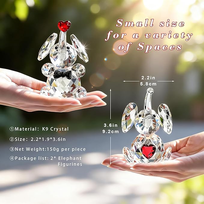 HDCRYSTALGIFTS Set 2 Crystal Elephant Figurines Gift for Women 3.5'' Miniature Glass Animals Collectible Valentine's Day Wedding Anniversary Tabletop Decoration