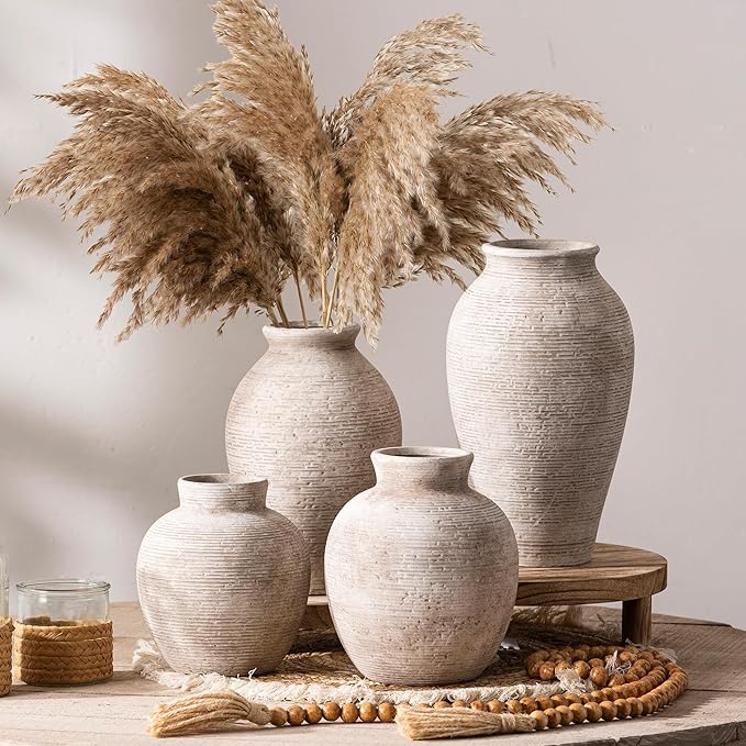 Ceramic Flower Vase Home Decor - Large Tall Farmhouse Table Vases Rustic Vintage Living Room Kitchen Bedroom Decorations for House Book Shelf Office Coffee Desk Dining Fireplace (11" Retro)