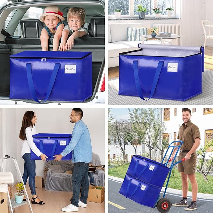 Moving Bags, Storage Bags with Sturdy Handles and Heavy Duty Zippers, Storage Totes for Space Saving, Moving & Storage, Collapsible Moving Supplies(88L, 8-Pack, Blue)