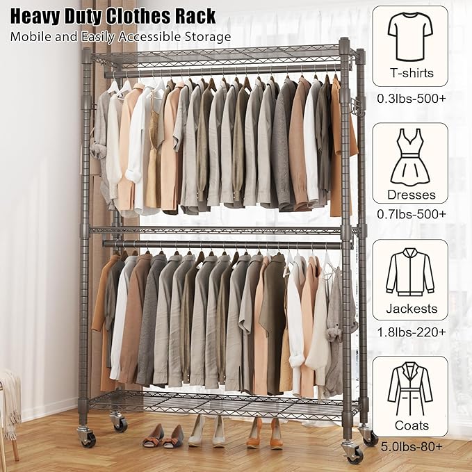 BATHWA Heavy Duty Garment Rack on Wheels, Rolling Clothes Racks for hanging clothes, Simple Sturdy Wardrobe Rack with Double Hanging Rods, 8 Side Hangers, Gray
