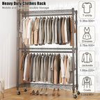 BATHWA Heavy Duty Garment Rack on Wheels, Rolling Clothes Racks for hanging clothes, Simple Sturdy Wardrobe Rack with Double Hanging Rods, 8 Side Hangers, Gray
