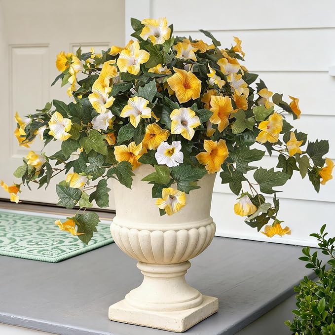 Artificial Fake Petunia Flowers for Outdoor Decoration, 2PCS Faux Silk Petunias Flower for Spring UV Resistant No Fade Realistic Plants for Garden Balcony Yard Porch Indoor Decor(Yellow White)