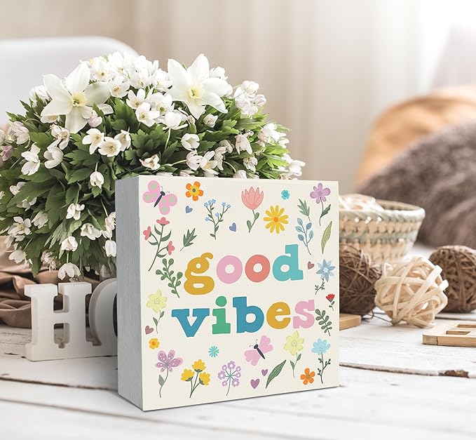SRADMO Boho Floral Inspirational Wood Box Sign Desk Decor, Motivational Office Decor, Positive Inspirational Theme Wooden Block Box Sign Decoration for Home Office Shelf Table Decorative Accessories