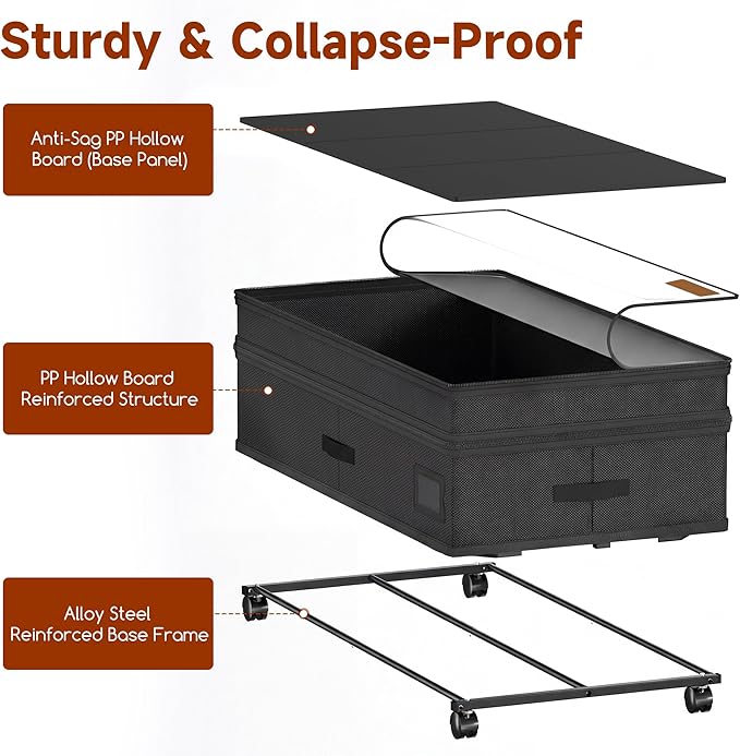 Under Bed Storage with Wheels, Adjustable Height Underbed Storage Containers, 2 Pack 65L Bins, Heavy-Duty 600D Fabric & Steel Frame for Clothes, Shoes, Bedding