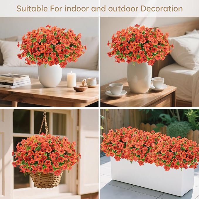 Artificial Faux Flowers Plants for Outdoors Outside Fall Autumn Decoration,12 Bundles Realistic Fake Mums Flowers Plant Greenery Silk Daisy UV Resistant Planters Balcony Porch Patio Garden Home Orange