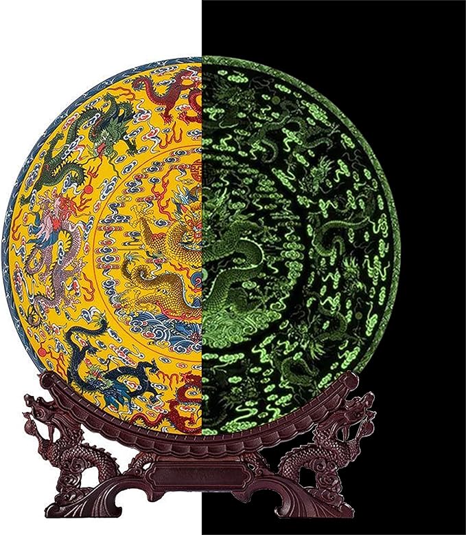 LIYAOLI Decorative Plates for Display - Handmade Chinese Classical Black Peacock & Peony Porcelain Plates for Living Room, Dining Table, Shelf Decor (2026 Art Collection) (Luminous - Dragon)