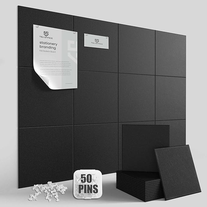 Large Cork Bulletin Board Wall - 48" x 36" Felt Pin Board TSJ OFFICE 12 Pack Tiles Set with 50 Pushpins & Safe Removable Adhesive Tabs, Corkboard for Office Home Office Decor Classroom Display - Black