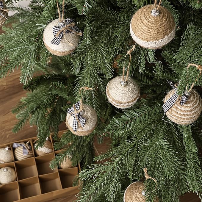 Bunny Chorus Christmas Decorations Indoor: 12pcs Handmade Jute Rope Decorative Bows Christmas Tree Ornaments, Rustic Hanging Xmas Ball Ornaments for Tree Garland Fireplace Home School Office Decor