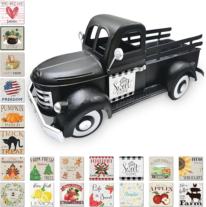 13.4 Inch Farmhouse Vintage Truck Decor with 20 Magnets Rustic Home Sweet Home Table Centerpieces Interchangeable Seasonal Holiday Decor Large Metal Pickup Truck Spring Garden Planter, Black