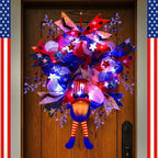 Lighted Up 4th of July Wreaths with Bow, Red White and Blue Mesh Artificial Wreath, American Flag Patriotic Gnome Wreath Decor for Independence Day Front Door Farmhouse Home Wall