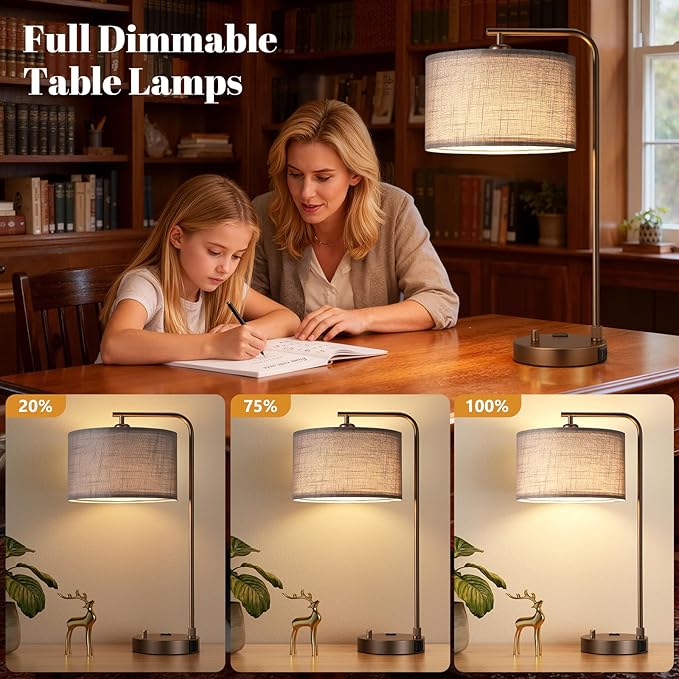 Innqoo Bedside Table Lamps for Bedroom Set of 2-Dimmable Nightstand Lamps with USB Port and Outlet,Modern Brown Lamps with Linen Shade,Tall Desk Lamps for Home Office Bedroom Living Room End Table