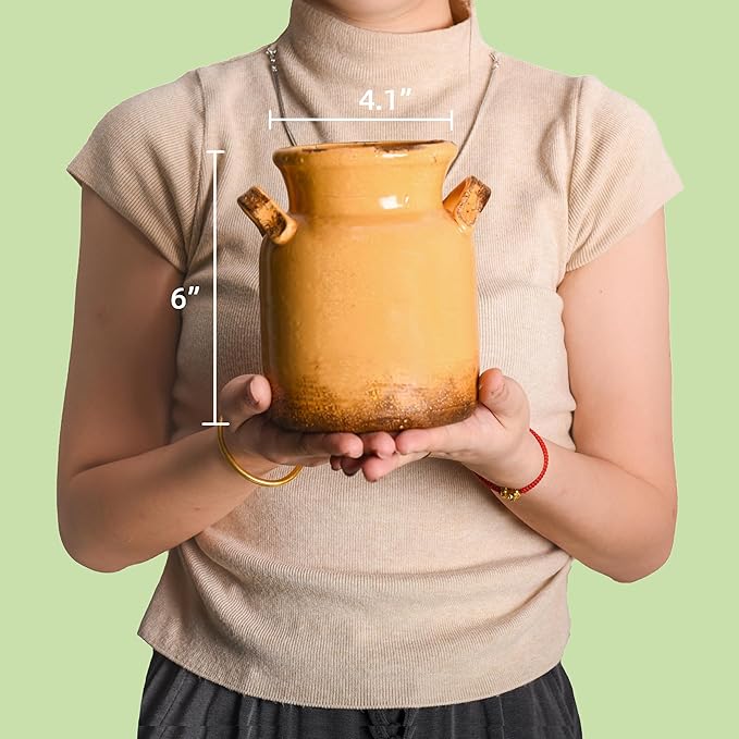 Quoowiit Ceramic Rustic Farmhouse Vase, Distressed Decorative Flower Vase for Home Decor, Ideal Shelf Decor, Yellow Boho Vases for Living Room Bedroom Kitchen Office Centerpiece Table Decorations