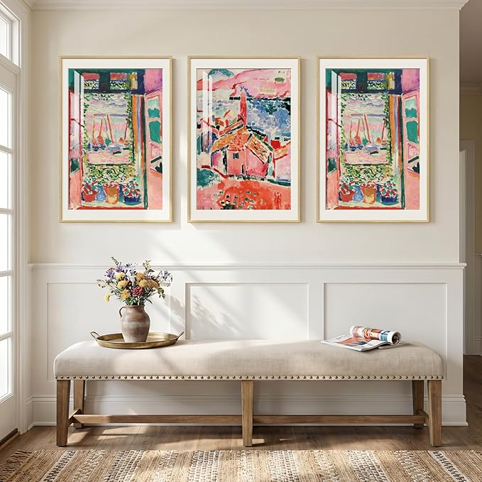 Large Framed Matisse Wall Art for Living Room, Set of 3 Colorful Abstract Landscape Wall Painting Prints, Vintage Retro Aesthetic Wall Decor for Dining Room Bedroom Office Hallway 24x36 Inch