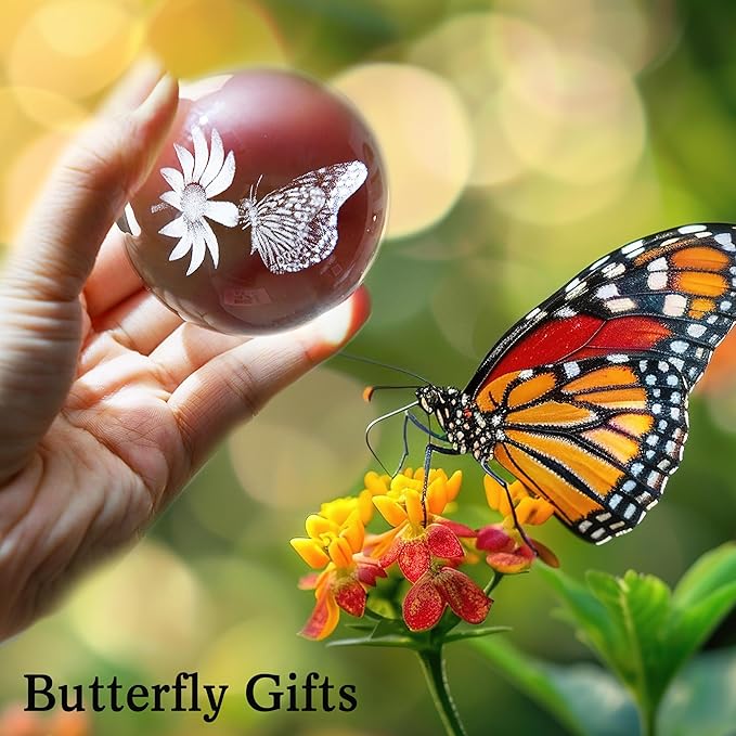 IFOLAINA 3D Butterfly Crystal Ball 60mm Gifts Ideas for Girlfriend Wife Mom Couple Her Butterfly on Sunflower in Glass Ball with Stand Flower Sphere Novelty Home Decor