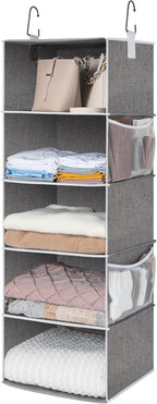 StorageWorks 5-Shelf Hanging Shelves for Closet, Foldable Hanging Closet Organizers with 2 Side Pockets, Portable Clothes Organizers for Bedroom, Wardrobe, 12 1⁄2" D x 15" W x 48" H, Gray