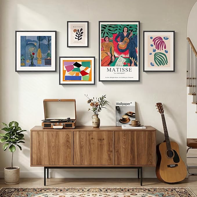 Large Framed Matisse Canvas Wall Art for Living Room, 5 Piece Abstract Modern Art Botanical Painting Prints Wall Decor, Colorful Geometric Aesthetics Henri Matisse Famous Painting Pictures for Dining Room Office Hallway