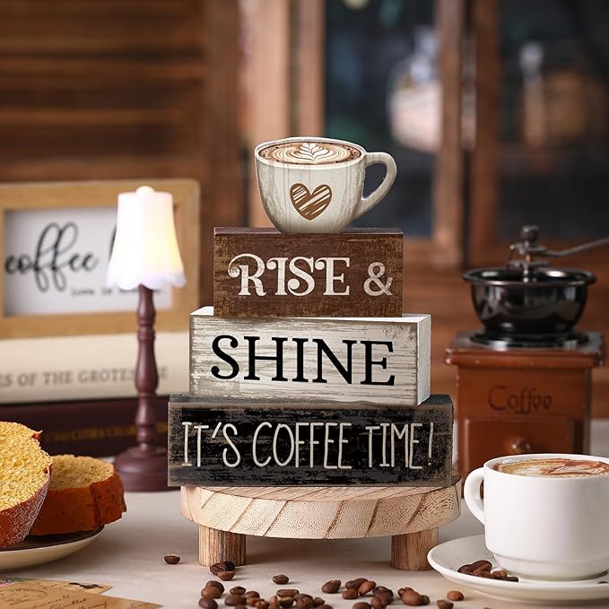 Moucuny 4 Pcs Farmhouse Coffee Bar Sign Decor Wooden Cup Rise & Shine It's Coffee Time Rustic Wood Cafe Sign Gift for Home Kitchen Tabletop Decor
