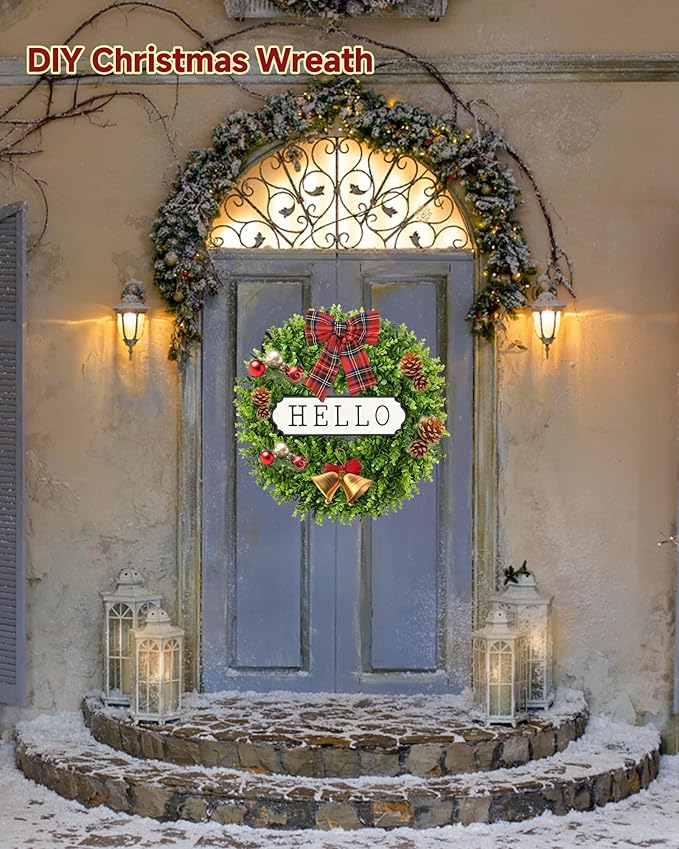 DDHS 20'' Boxwood Wreaths Front Door Artificial Spring Wreath. Wreaths for Front Door Farmhouse Wedding Green Year Round Indoor Outdoor for Summer Wreath St Patricks Day Decorations -(Hello Sign)