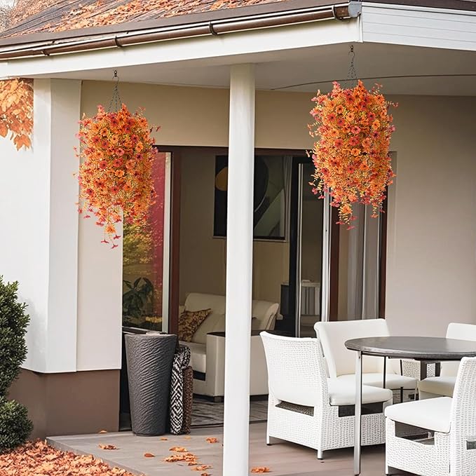 Homsunny Fall Flowers for Outdoors Fake Flowers UV Resistant Artificial Fall Flowers for Home Patio Balcony Yard Porch, Orange and Sunset Red