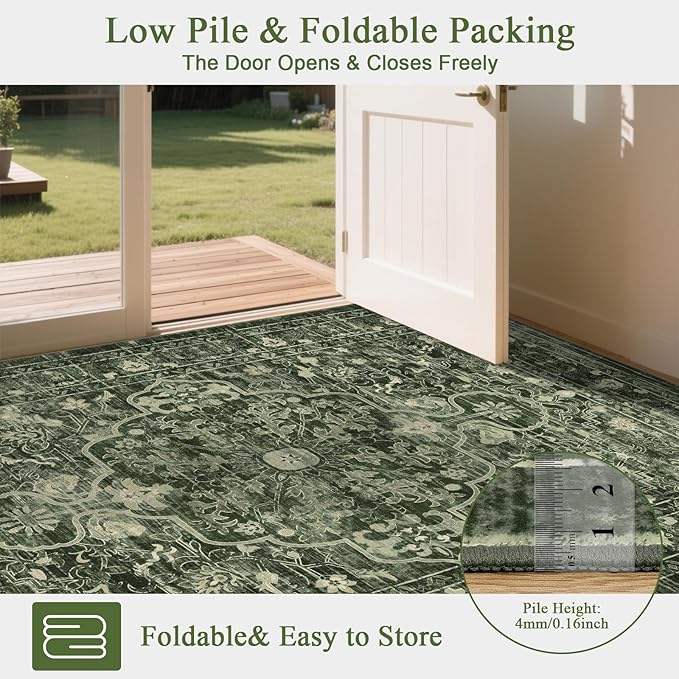 U'Artlines Boho Vintage Area Rug 5x7 Machine Washable Low Pile Soft Floor Carpet Non Slip Non Shedding Accent Rug for Living Room Bedroom Entryway Dining Room Office Dark Green