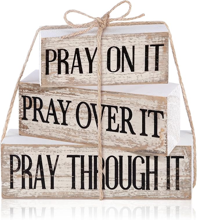 Yuntau 4 Pcs Farmhouse Wooden Tabletop Decor Bible Verse Tiered Tray Decorations Rustic Religious Christian Gift Block Sign Pray on It Centerpiece for Easter Home Kitchen Shelf Office Desk Decor
