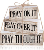 Yuntau 4 Pcs Farmhouse Wooden Tabletop Decor Bible Verse Tiered Tray Decorations Rustic Religious Christian Gift Block Sign Pray on It Centerpiece for Easter Home Kitchen Shelf Office Desk Decor