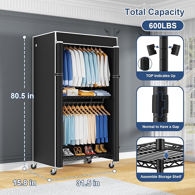 P8C Heavy Duty Clothes Rack（With Extended Width Design） Rolling Clothing Racks for Hanging Clothes with Lockable Wheels，31.5" W x 15.8" D x 80.5" H，Max Load 600LBS，Black Rack with Black Cover