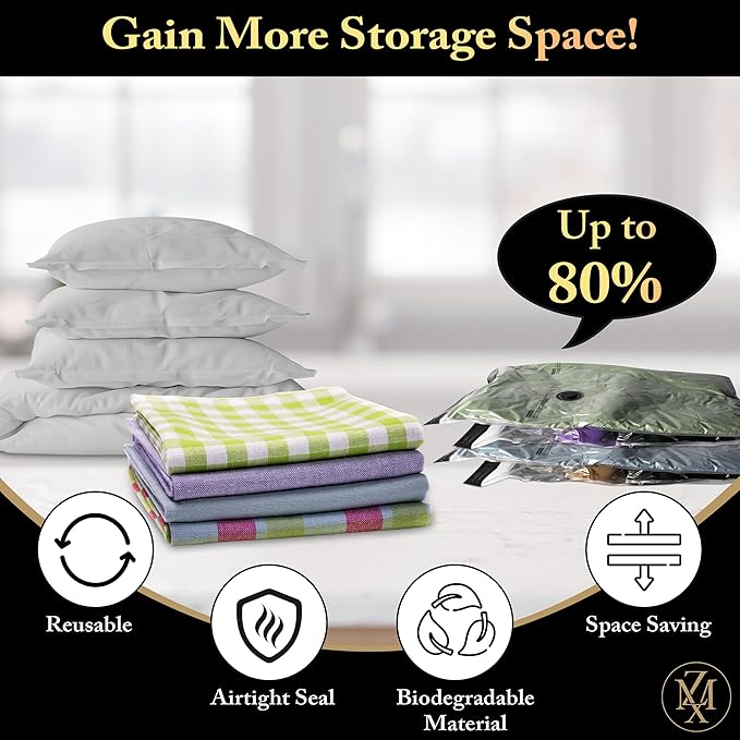 Vacuum Storage Bags 8 Pack with Hand Pump – Space Saver Compression Bags for Clothes, Bedding, Travel & Home Storage