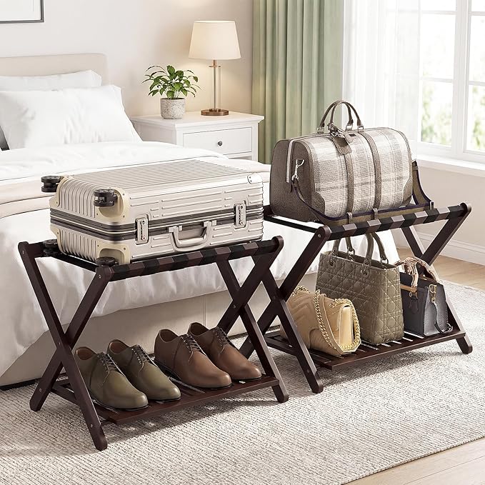 Bamboo Luggage Racks Set of 2, Fully Assembled Luggage Rack for Guest Room, Folding Suitcase Stand with Shoe Shelf, Heavy Duty Luggage Holder for Suitcases, Dark Brown