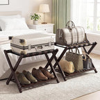 Bamboo Luggage Racks Set of 2, Fully Assembled Luggage Rack for Guest Room, Folding Suitcase Stand with Shoe Shelf, Heavy Duty Luggage Holder for Suitcases, Dark Brown