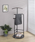 Proman Products Scandia Valet Stand, Clothes Rack, Clothing Organizer with Tray, Hanger and Trousers Bar, Wood, Metal, Black