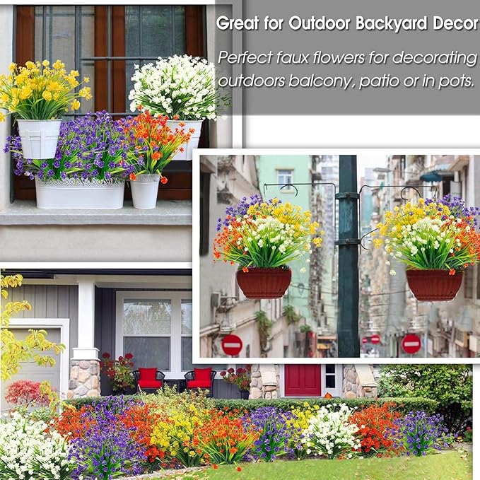 20 Bundles Artificial Flowers for Outdoors Spring Summer Decor-UV Resistant Fake Mums Faux Plants Plastic Flowers Greenery for Home Porch Gardens Fireplace Patio Indoor Outsides Decor(Orange Red)