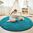 OLANLY Teal Round Rugs for Bedroom - Machine Washable, 9 ft Circle Area Rugs for Living Room, Soft and Fluffy Shaggy Carpet for Teen Girl and Boys, Nursery Rooms, Dorms, Home Decor Aesthetic