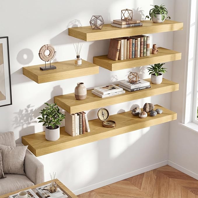 FLYJOE 36 Inch Long Floating Shelves for Wall Set of 2, 12" D Wood Grain Bathroom Shelves with Invisible Brackets, Easy Install Engineered Wood Storage Shelves for Kitchen, Living Room, Bedroom