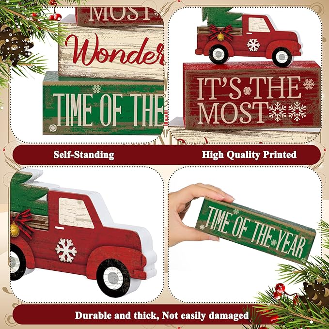 Moucuny 4 Pcs Christmas Decor Wooden Red Truck Winter Tiered Tray Decor Rustic Merry Christmas Table Centerpiece Wood Red Truck Block Sign Gift Farmhouse for Home Kitchen Tabletop Office Shelf
