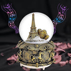 LED Music Snow Globe Vintage Eiffel Tower Buildings Embedded Carousel Retro Home Decoration for Book Shelf Cabinet Floating Board Office Desk Table Top Decor Centerpieces Ornament (Gold)
