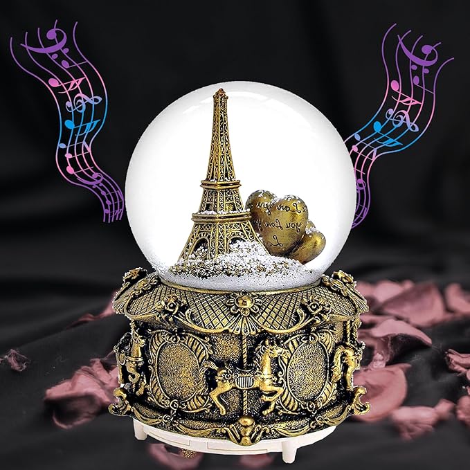 LED Music Snow Globe Vintage Eiffel Tower Buildings Embedded Carousel Retro Home Decoration for Book Shelf Cabinet Floating Board Office Desk Table Top Decor Centerpieces Ornament (Gold)