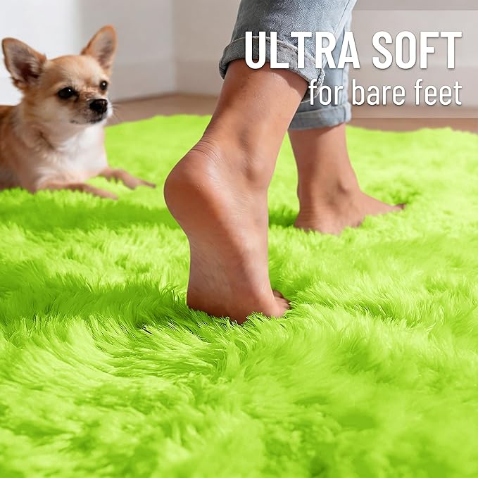 OLANLY 9x12 Machine Washable Large Area Rugs for Living Room, Bedroom, Soft Fluffy Shaggy Bedside Rug, Indoor Floor Carpet for Kids Girls and Boys, Dorms, Nursery, Home Decor Aesthetic, Lime Green