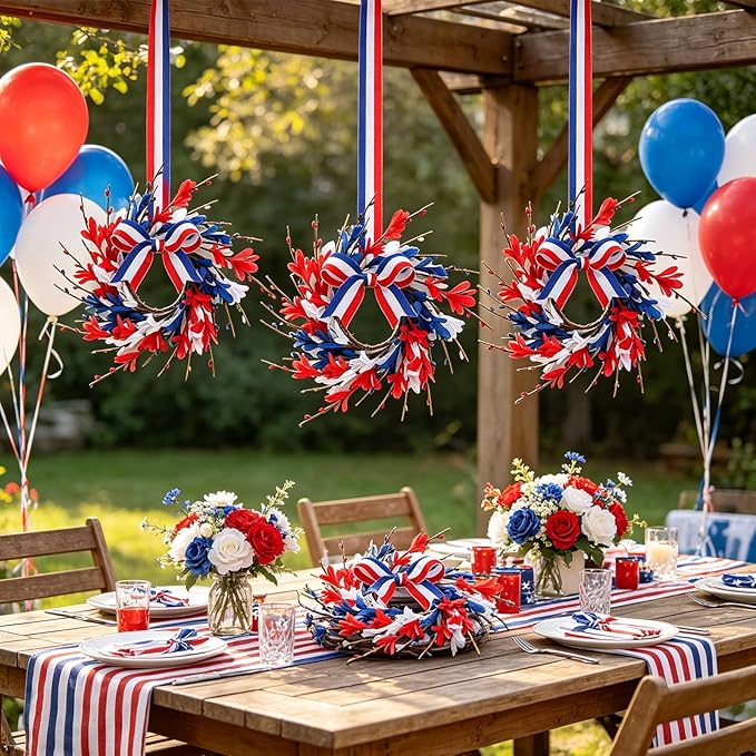 4 PCS Mini 4th of July Patriotic Kitchen Cabinet Wreaths Small Red White and Blue Floral Swag Wreath for Front Door with Forsythia Flowers Independence Day Hanging Wreaths for Memorial Day Porch Wall