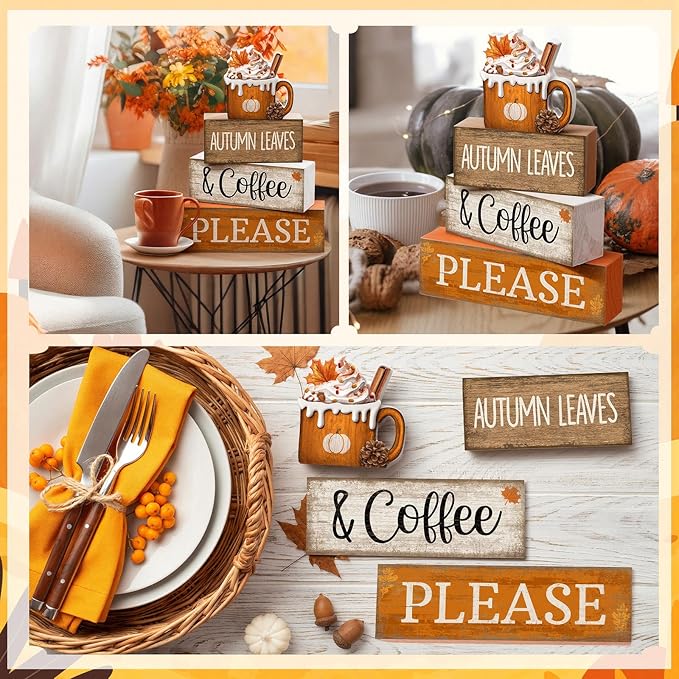 Lineshading 4 Pcs Fall Coffee Table Decor Fall Decoration for Home Wooden Stacked Block with Pumpkin Latte Topper Rustic Thanksgiving Tiered Tray Decor for Harvest Party Home Kitchen Coffee Bar