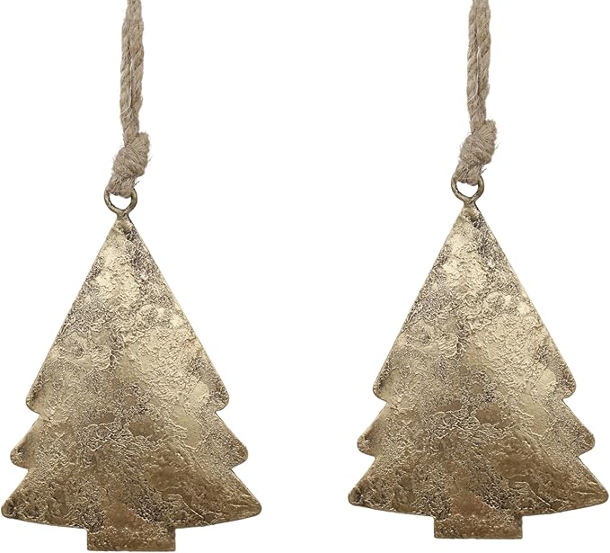 Rustic Iron Wall Accent – Set of 2, Handmade Metal Hanging Décor with Rope for Indoor & Outdoor Use (Golden Chrismas Tree, 5" 3.5)