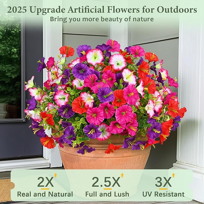 MARTINE MALL 24 Bundles Look Real Artificial Flowers for Outdoors, Realistic Fake Outdoor Flowers, UV Resistant Silk Petunia Flowers for Outside Faux Flowers Plants for Outdoor Porch, Mix Colors